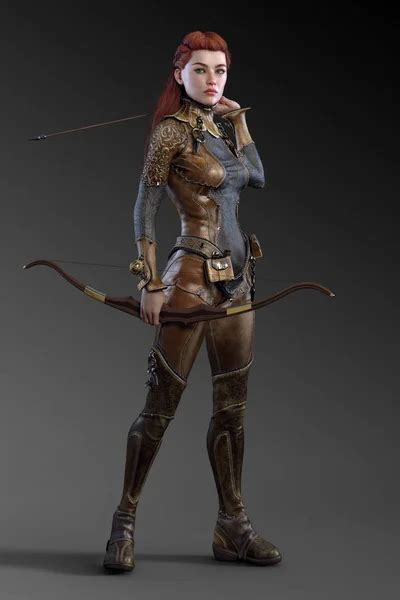 Fantasy Archer Or Ranger Female In Leather Armor With Red Hair Stock