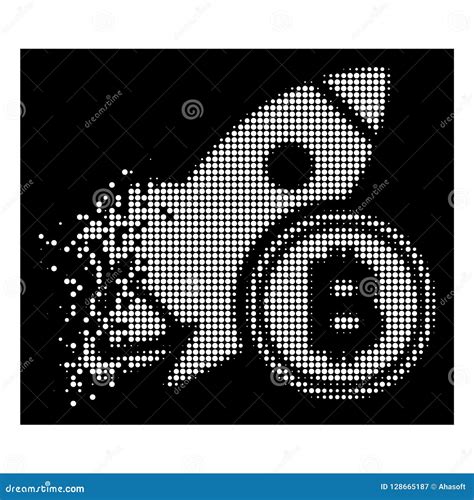 White Broken Pixel Halftone Bitcoin Rocket Icon Stock Vector