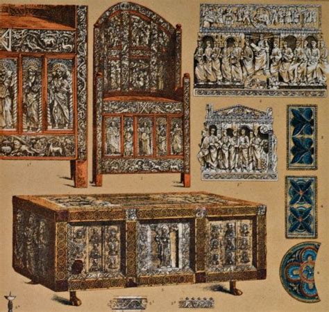 Byzantine Furnitures, Ornaments and Reliefs - 1894 Antique Print