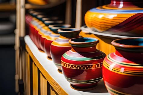 Premium Ai Image A Row Of Colorful Vases On A Shelf With Other Pottery