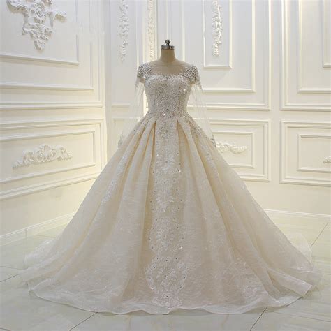 Daisda Bateau Long Sleeves Beading Ball Gown Wedding Dress With