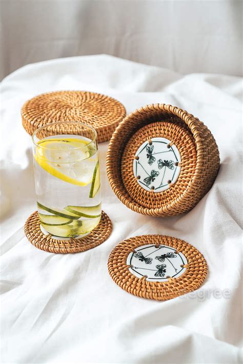 Rattanly Ceramic Coaster Set Pc With Holder Beautiful Protective