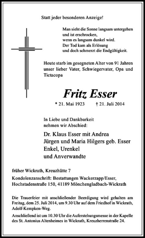 Alle Traueranzeigen für Fritz Esser trauer rp online de