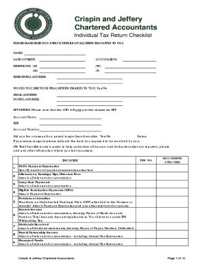 Fillable Online Individual Tax Return Checklist Crispin