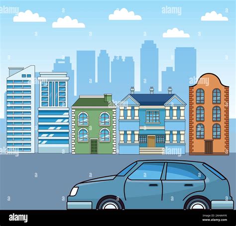 Urban City Scenery With Blue Car And Buildings Colorful Design Stock