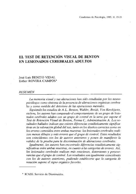 PDF EL TEST DE RETENCIÓN VISUAL DE BENTON EN de Psicología 1985