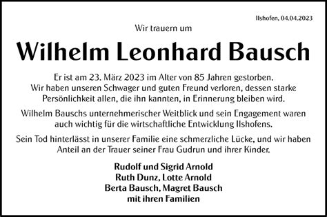 Traueranzeigen von Wilhelm Leonhard Bausch Südwest Presse Trauer