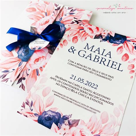 Convite De Casamento Floral Azul E Rosa