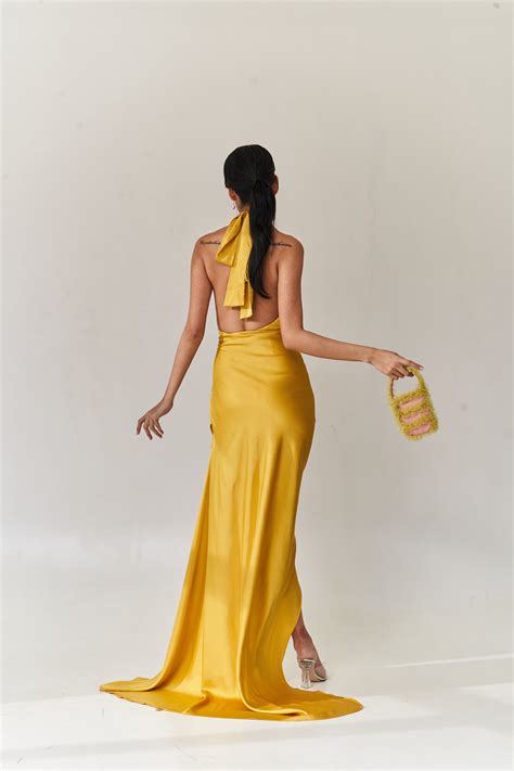 Yellow Silk Halter Dress Vestido