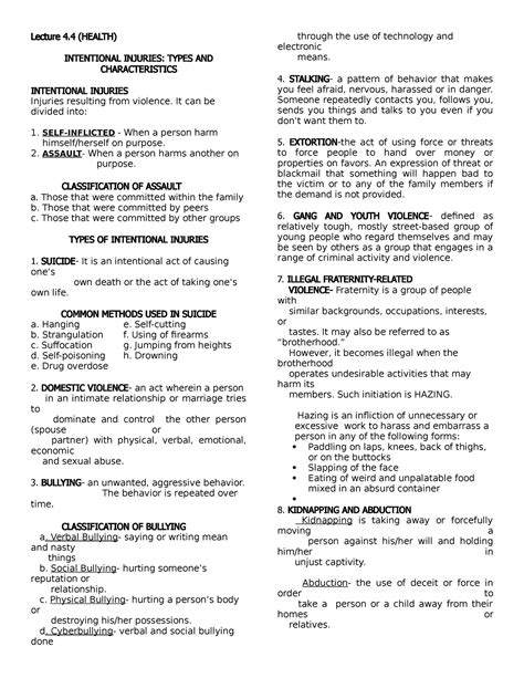 Health 9 INTENTIONAL INJURIES TYPES AND CHARACTERISTICS Lecture 4