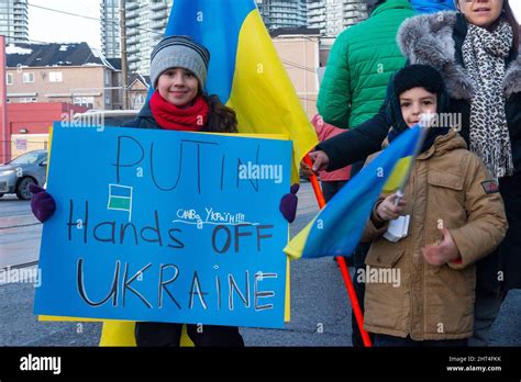 Toronto On Canada February 25 2022 Protestors With Banners And