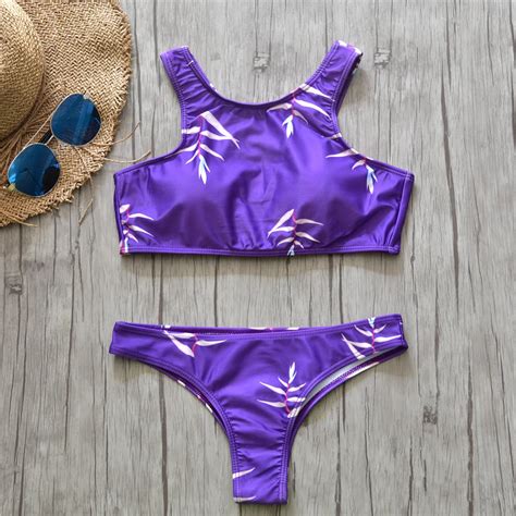 Sexy High Neck Bikini Swimwear Women Swimsuit Print Purple Lace Up