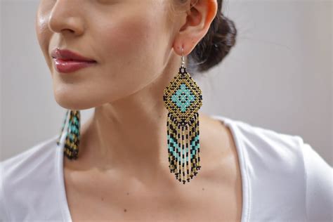 Gold Turquoise Aztec Earrings, Aztec Jewelry, Traditional Beadwork, Huichol Jewelry, Beaded ...