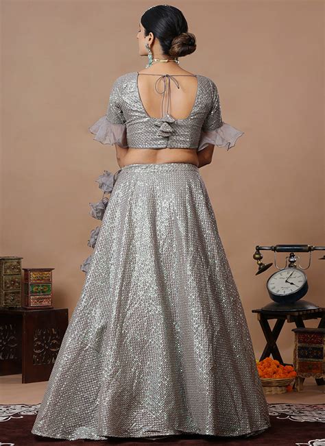 Buy Grey Sequins Embroidered Organza Lehenga Set Wedding Wear Online At