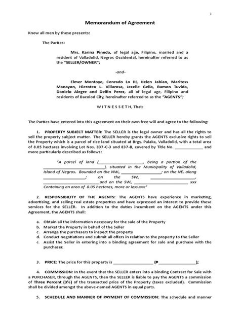 Memorandum Of Agreement Seller And Agents PDF Sales Taxes