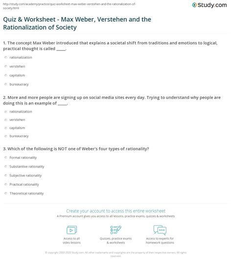 Quiz & Worksheet - Max Weber, Verstehen and the Rationalization of ...