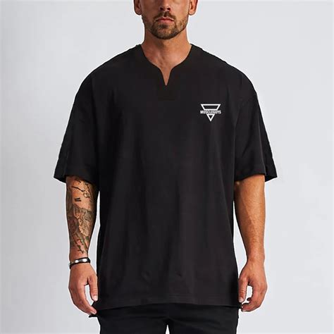 Masculino Solto Oversized Manga Curta Camiseta Algod O Caiu Ombro V