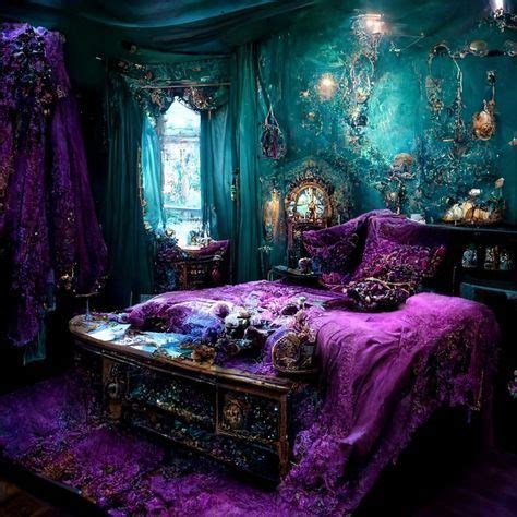 Teal Purple Elven Bedroom Covered In Potions Gems Lace Curtains Bones