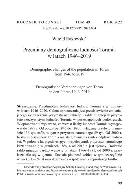 Pdf Przemiany Demograficzne Ludno Ci Torunia W Latach