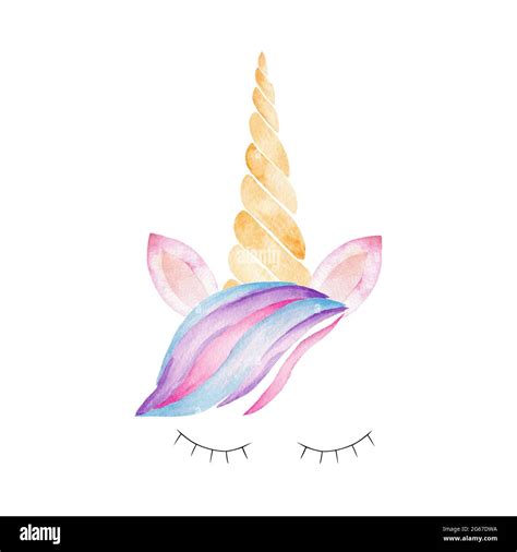 Unicorn head with rainbow mane, lashes, ears, corn watercolor clipart ...