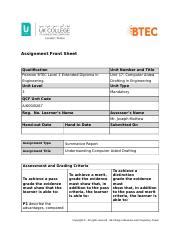 Unit 17 Computer Aided Drafting In Engineering Docx Assignment Front