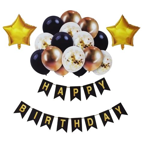 Set Aranjament Happy Birthday Cu 17 Baloane Folie Si Latex Auriu Negru