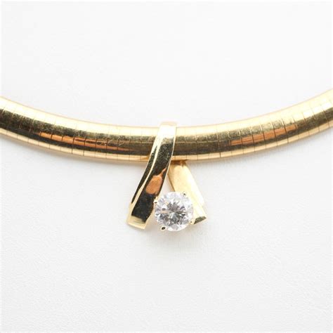 14k Yellow Gold Omega Necklace With Cubic Zirconia Slide Pendant Ebth