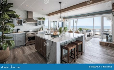 Interior Deisgn Of Kitchen In Coastal Style With Ocean View Stock