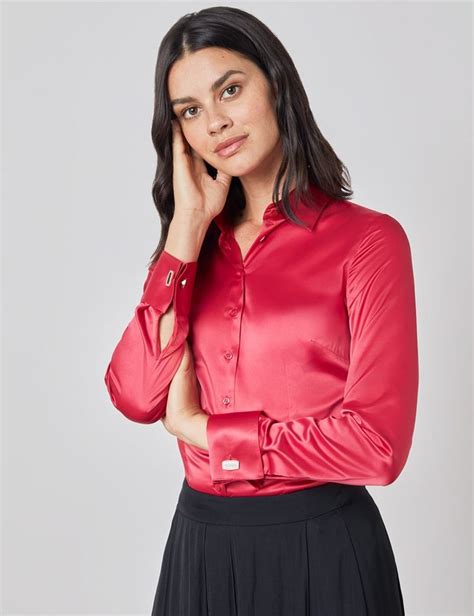 Womens Red Fitted Satin Shirt French Cuff In 2021 Satin Shirt