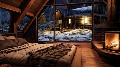 🌨️ ️ Cozy Snow Cabin With Crackling Fireplace And Soothing Rain Sounds