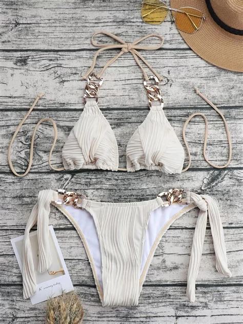 Sexy Metal Rings Halter Wrinkled Bikini Female Swimsuit Women Swimwear