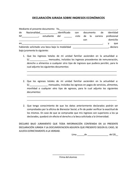 Declaración Jurada Sobre Ingresos Económicos DECLARACIN JURADA SOBRE