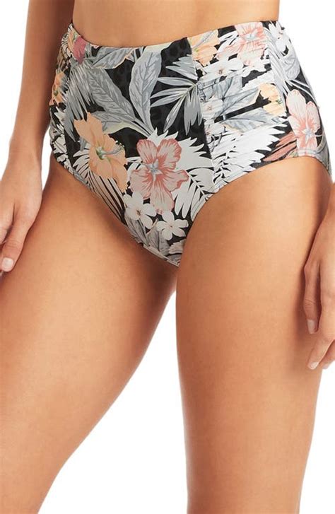 Sea Level Calypso Floral Print Gathered Side Bikini Bottoms Charcoal