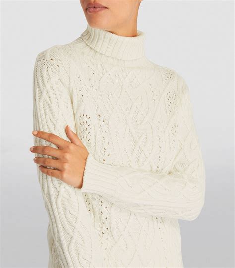 Womens Johnstons Of Elgin White Cashmere Celtic Cable Knit Sweater