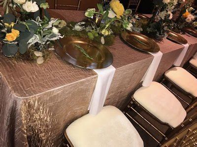 Champagne Gold Crushed Satin Tablecloth Rental AM Linen Rental Show