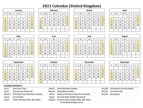 Download 2021 Uk Calendar Printable With Holidays Landscape Layout