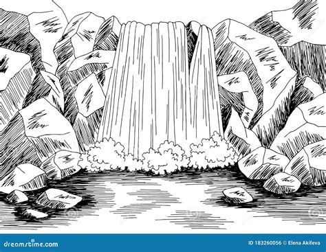 Waterfall Graphic Black White River Landscape Sketch Illustration Vector Stock Vector ...