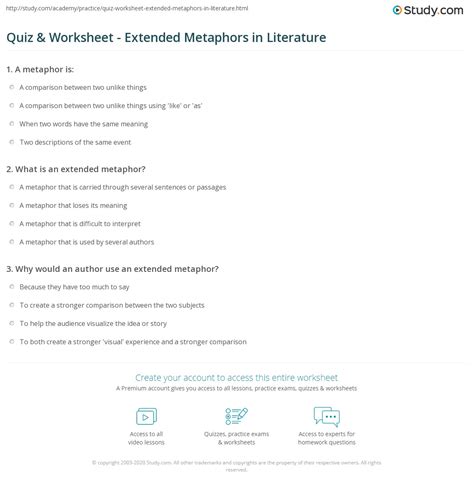 Quiz And Worksheet Extended Metaphors In Literature