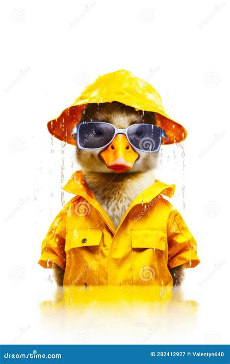 Duck Wearing Sunglasses And Yellow Raincoat With Hat And Sunglasses Generative Ai Stock