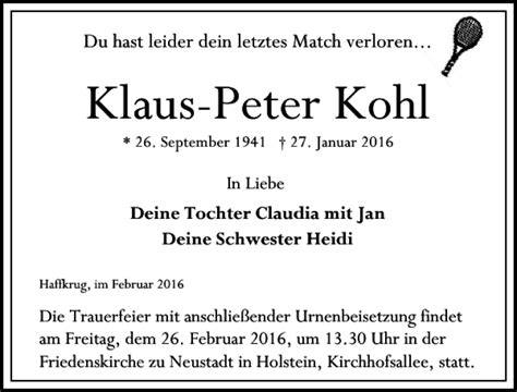 Traueranzeigen Von Klaus Peter Kohl Trauer Anzeigen De