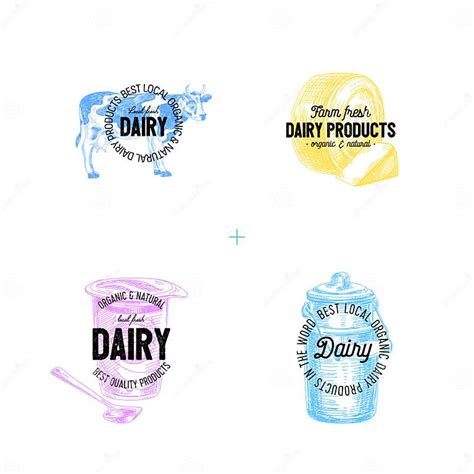 Beautiful Vector Hand Drawn Dairy Products Logos Stock Vector