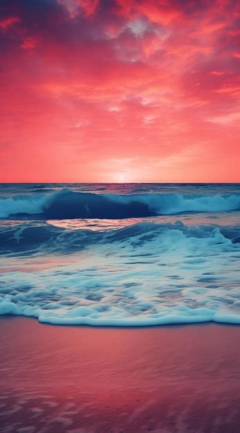 Premium AI Image | red sky at sunset with a beach with waves