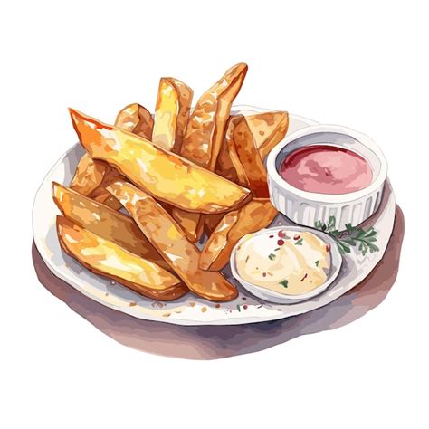 Aquarela Batatas Fritas Em Um Prato Vetor Premium