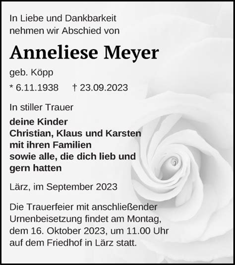 Traueranzeigen Von Anneliese Meyer Trauer Nordkurier