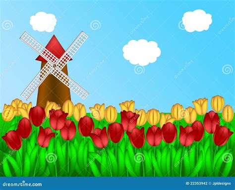 Dutch Windmill In Tulips Field Farm Illustration Stock Photography - Image: 22353942