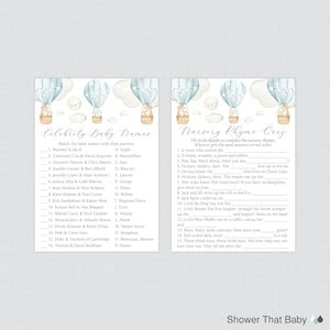 Blue Hot Air Balloon Baby Shower Games Package Seven Printable Games Bingo Price Is Right