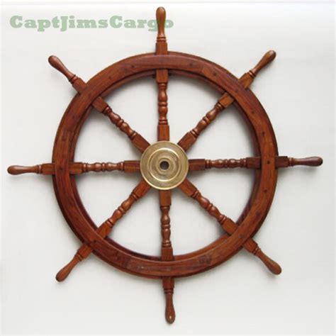 Large 36 Boat Ship Wooden Steering Wheel Brass Center Nautical Wall