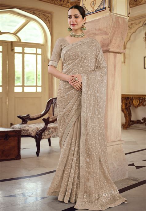 Beige Chiffon Saree With Blouse 7518