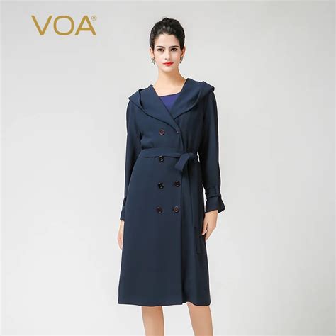 Voa 2018 Autumn Navy Blue 60 Mm Heavy Silk Trench Coat Plus Size Simple Solid Double Breasted