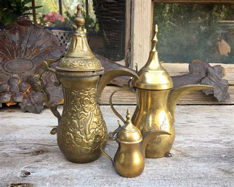 Set of Three Vintage Brass Dallah Arabic Coffee Pots, Islamic Middle Eastern Teapot Collection